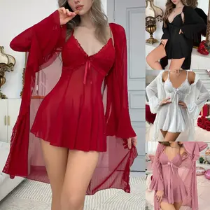 Women's 2-Piece Elegant Satin Lingerie Set - Lace Bodysuit, V-Neck Mesh Chemise Robe, Matching Loungewear for Sleep (Sports & Outdoor Clothing Set)