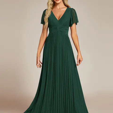 Ever-Pretty 2026 Fall Women's Formal Gown - V-Neck Glittery Short-Sleeve Empire Waist Polyester Classic Floor-Length Dress, Dresses for Women Night Out Clothes Style 11961