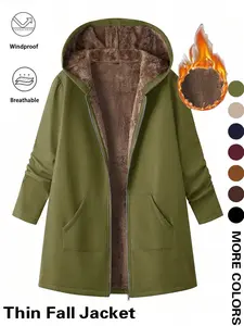 FINJANI Plus Size Women's Long-Sleeve Hooded Casual Jacket Windproof Polyester Thin Fall Fleece-Lined Peacoat for Everyday Wear Autumn Coat Perfect for Gifts