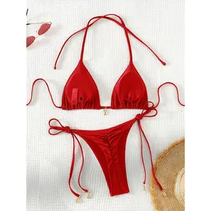 BlushHub Red Triangle Bikini with Shell Charms Ruched Thong Bottom Adjustable Ties