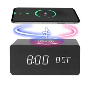 LED Wooden Alarm Clock with Qi Wireless Charging Digital Desk Clock with Temperature Display, LED Time Display, Wireless Charging Pad, Modern Wooden Finish Bedside Clock for Home, Office & Bedroom Decor