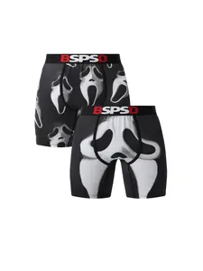 2Pcs Men's Ghost Face Print Fitted Boxer Briefs, Soft Breathable Polyester Knit Underwear, Elastic Waist Design, Fashion Sports Innerwear, Menswear, Breathable Undergarments