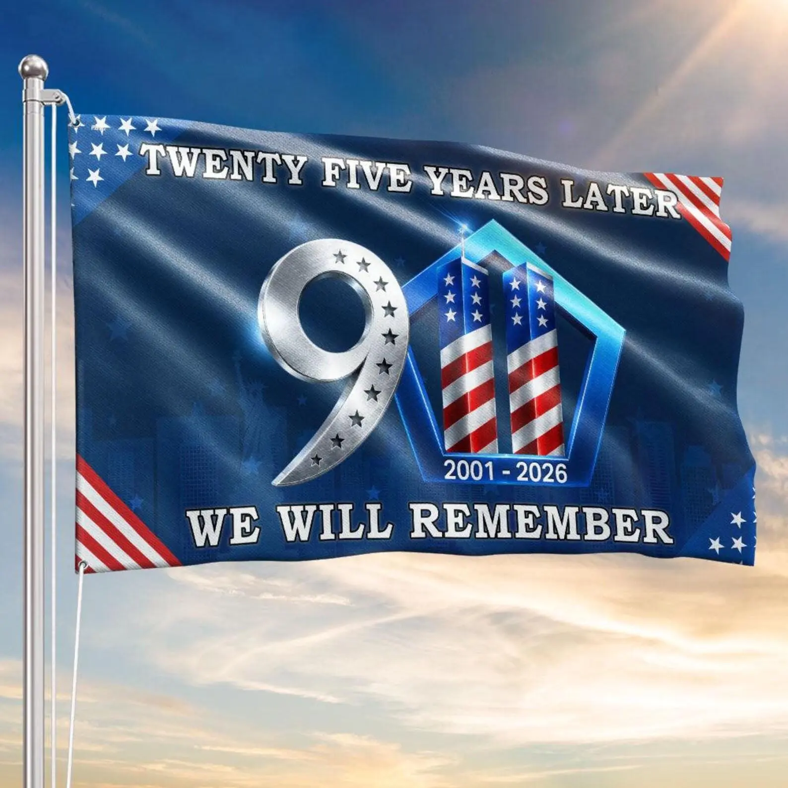 Patriot Day 2026 Flag, 9/11 25th Anniversary Memorial, We Will Remember 25 Years Later Pentagon Twin Towers Outdoor Yard Banner