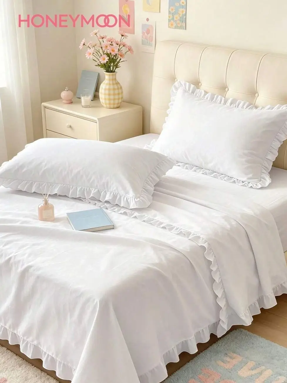 Light Yellow Ruffle Bedding Set, HONEYMOON 3/4 Piece Soft Polyester Sheets with Fitted Sheet, Flat Sheet Pillowcases, All Season Dorm Decor