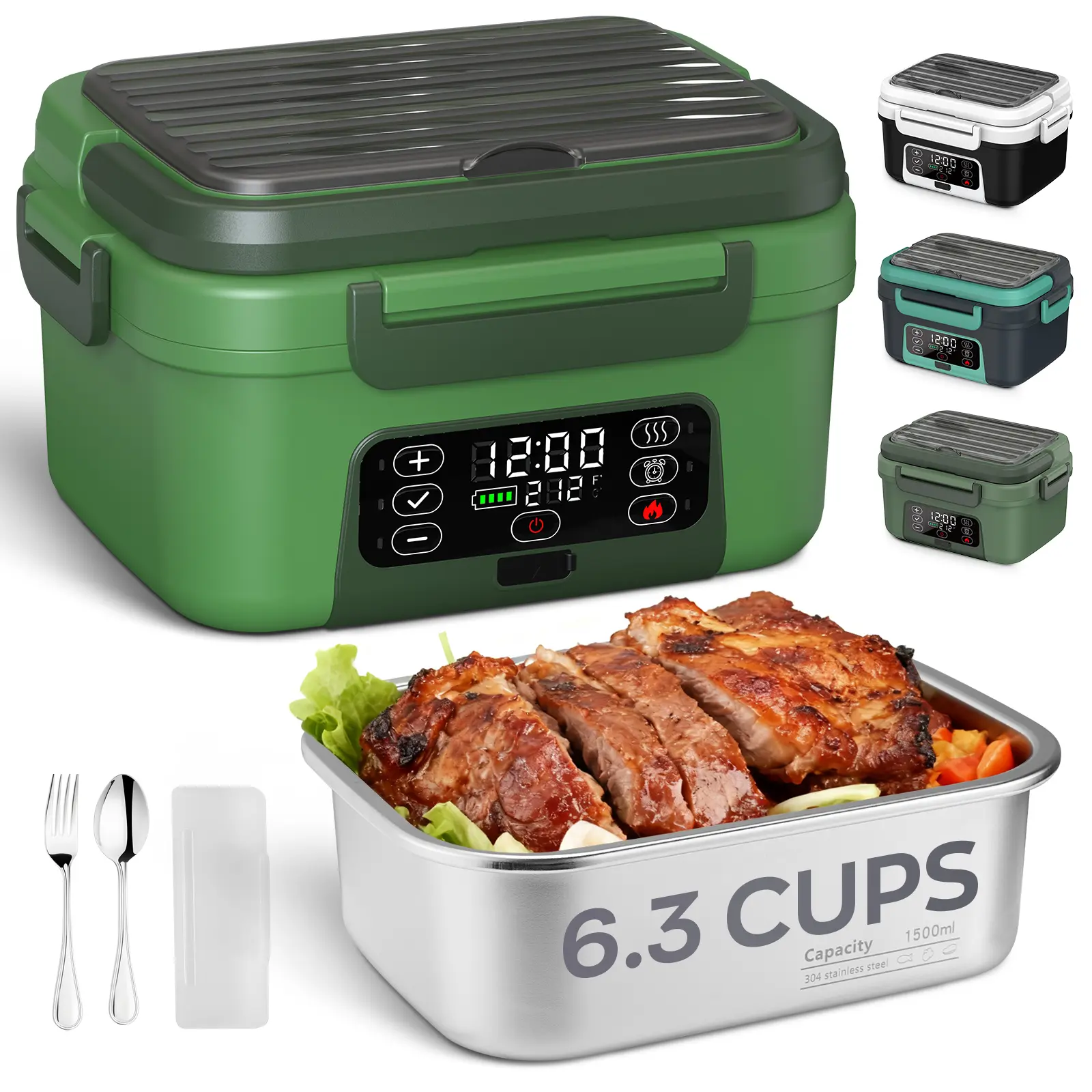 Portable  Electric heating lunch box, Featuring Automatic Heating Function, Intelligent Timer, Large-Capacity Durable Meal Container, Suitable for Trucks/ Cars/Offices/Camping/Travel Rechargeable Lunch Box, Green Meal Box summerwins,summerwins