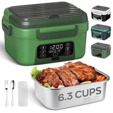 Portable  Electric heating lunch box, Featuring Automatic Heating Function, Intelligent Timer, Large-Capacity Durable Meal Container, Suitable for Trucks/ Cars/Offices/Camping/Travel Rechargeable Lunch Box, Green Meal Box   backto school