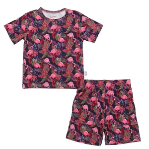 Bamboo Short Sleeve Two Piece Set Flamingo for Kids - Ultra-Soft Breathable Fabric, Tagless Design, Super Stretchy Fit, Perfect for Summer Outfit