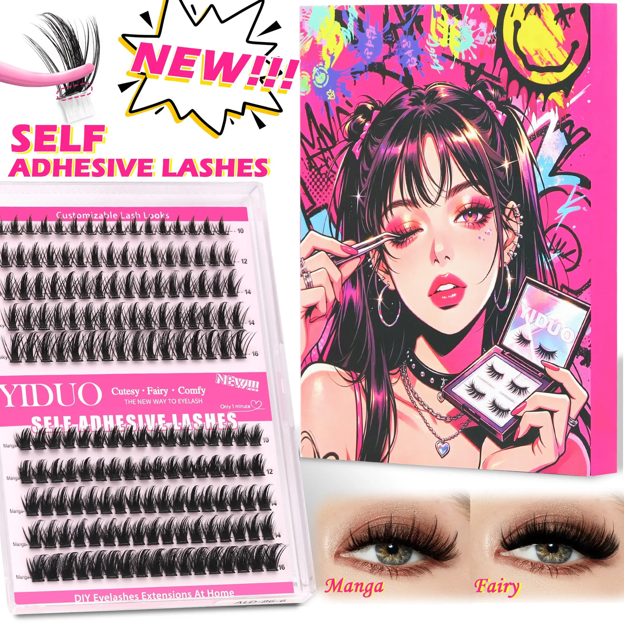 YIDUO Manga Self-Adhesive Lash Clusters 10-16mm D Curl, 2 Styles Manga & Fairy Self Adhesive Lash, Fake Lashes, False Lash Clusters, Diy False Eyelashes, Pre-Glued No Glue Needed, Easy 1-Minute DIY Eyelash Extensions Gift Pack
