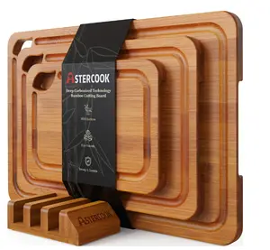 4-Pieces Wood Cutting Board, Bamboo Chopping Board for Kitchen with Holder, Cutting Boards Set with Juice Groove and Handles, Charcuterie Board for Chopping Meat, Vegetables and Fruits