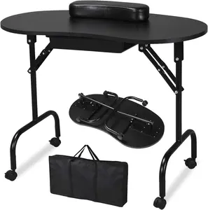 37-inch Portable & Foldable Manicure Table Nail Desk Workstation with Large Drawer/Client Wrist Pad/Controllable Wheels/Carrying Case for Spa Beauty Salon Black