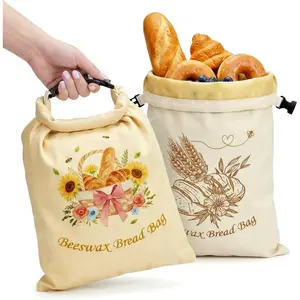 YOJO 2 Pack Reusable Beeswax Bread Bags for Sourdough, 17x13" XL Natural Beeswax Lined Bread Bag with Zipper & Button, Long-for Homemade Bread