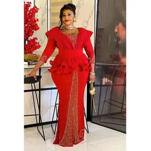Sparkly Red Ruffle Peplum Maxi Dress with Rhinestones - Mother of The Bride Birthday Photoshoot Dinner Party Wedding Guest Cocktail Dinner Curvy Plus Size