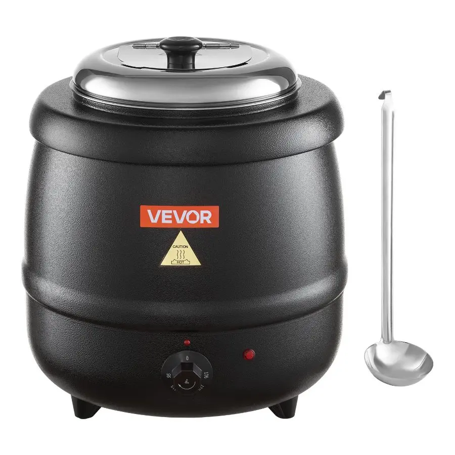 10QT Commercial Electric Temperature-Adjustable Thermo Pot Warmer, Model 95176F, 304 Stainless Steel Detachable Pot, Black Restaurant Station