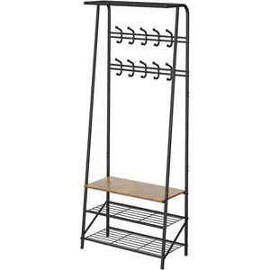 4-in-1 Freestanding Wooden Coat Rack Shoe Bench Organizer, 5/10 Hooks, Metal Frame Space Saver Multi-Functional Hallway Storage Furniture for Living Room, Bedroom Clothes Organization