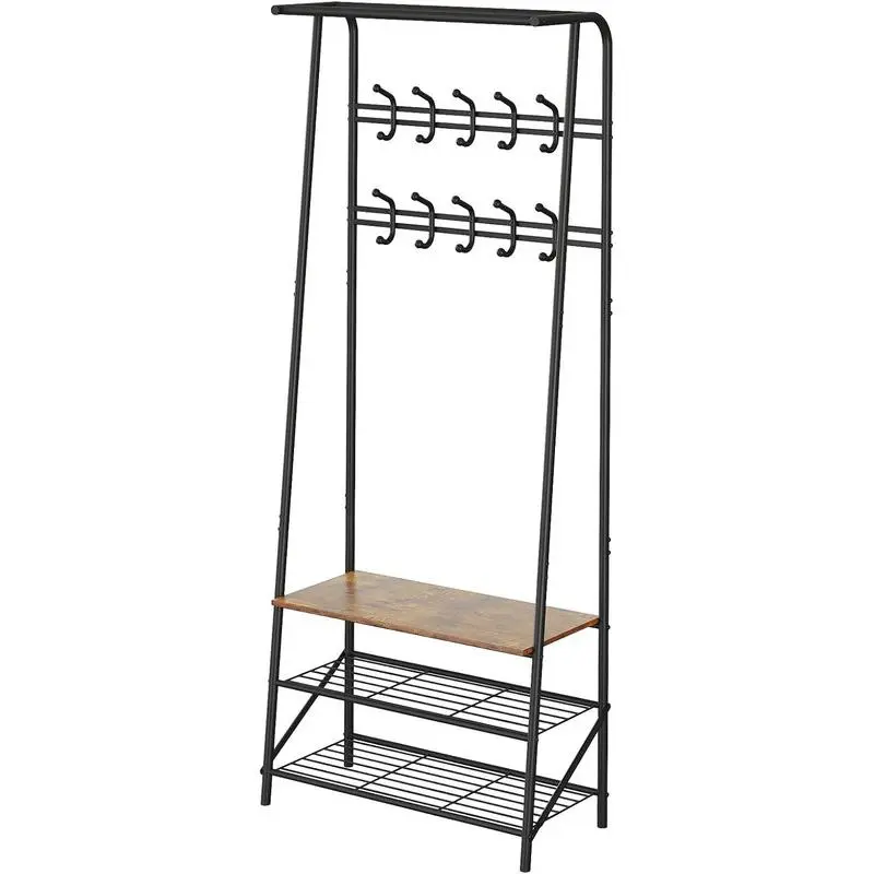 4-in-1 Freestanding Wooden Coat Rack & Shoe Bench Organizer - Metal & Wood Indoor Storage Furniture with 5/10 Hooks, 25.2-inch Shelves, Metal Frame, Base, Easy Setup, Space-Saving for Hallway, Living Room, Freestanding Coat Rack