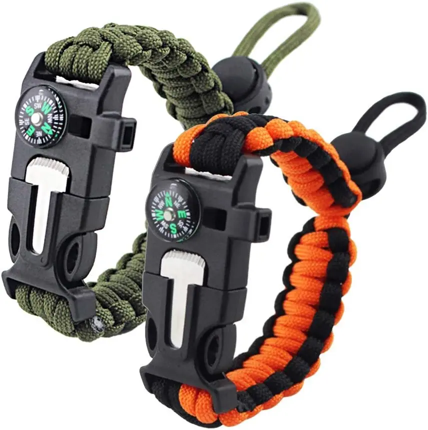 2-Pack Adjustable Survival Paracord Bracelet - Flint Fire Starter, Scraper, Compass, Wilderness Whistle (Black & Armygreen) for Camping, Hiking Safety & Survival Gear