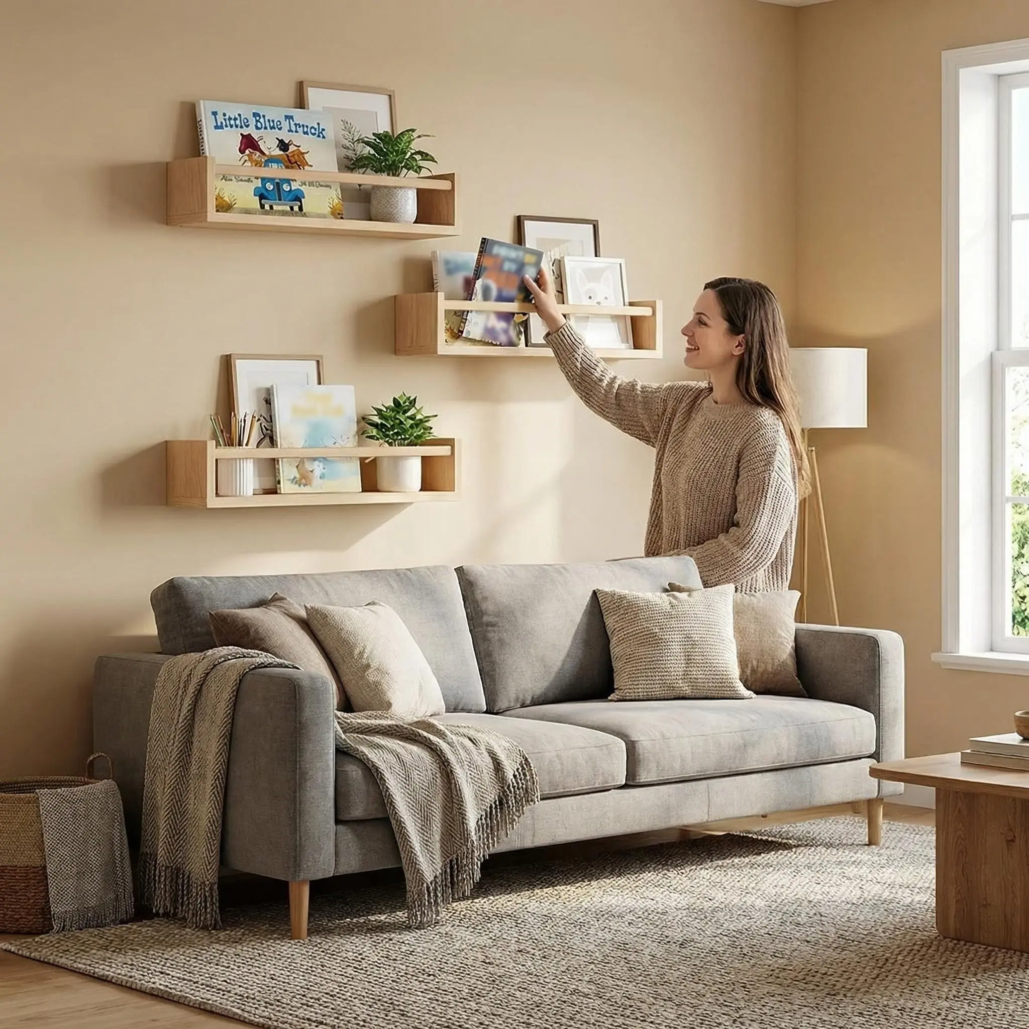3pcs Modern Pine Wooden Floating Shelves Set (16.5x5.9 in) - Home Supplies Wall Hanging Storage Organizer for Kitchen, Bedroom, Entryway, Space-Saving Room Accessory (No Electricity Needed), Living Room