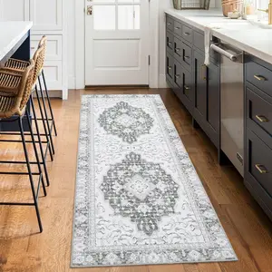 【GARVEE】Washable Vintage Floral Runner Rug 2x6 - Soft, Non-Slip, Non-Shedding Foldable Carpet for Dining Room, Bedroom, Living Room, Kitchen Entryway in Elegant Grey