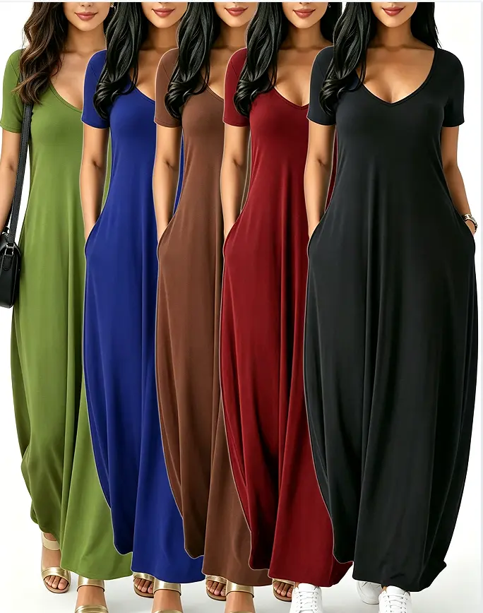 Women's long-sleeve loungewear dress, casual and slim-fit style, with a wide round neckline, short sleeves, and pockets; made from soft fabric, suitable for all seasons. Loungewear, Women's Clothing