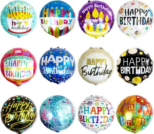 24 Pcs Happy Birthday Foil Balloons 18 inch Round Helium Floating Mylar Balloon Inflatable Balloons for Birthday Party Decorations Supplies,12 Patterns Aluminum Pump