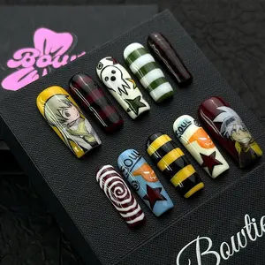 [Halloween] Soul Scream Press-On Nails – Anime Halloween Nail Set with Maka & Soul, Skull Logos, Spiral Stripes & Star Pop Art – Handmade Otaku Cosplay Gel Nail Art