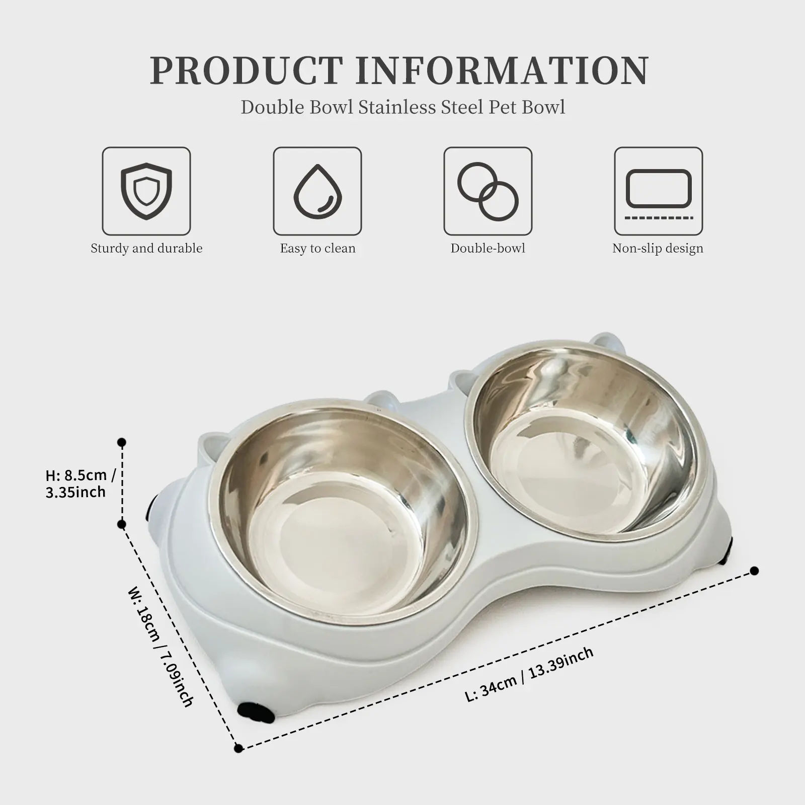 Gray Stainless Steel 2-Piece Cat Food and Water Bowl Set - Anti-Slip Base, Detachable Easy-to-Clean Pet Feeder (Cat Accessories, Pet Feeding Supplies)