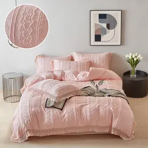 Pink 3D tufted duvet cover set (2/3 counts) - washable and breathable polyester, geometric diamond stripe pattern + tassels, modern farmhouse style bedroom decoration, romantic and elegant bohemian style pillowcase set, gift, 9 sizes, all seasons.