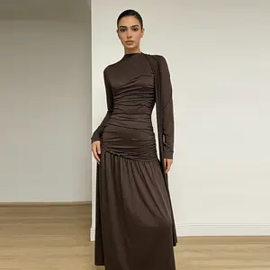 Elegant Women Pleated Irregular Patchwork Maxi Dress Chic Long Sleeve High Neack Dresses 2026 Summer Turtleneck Party Prom Gowns