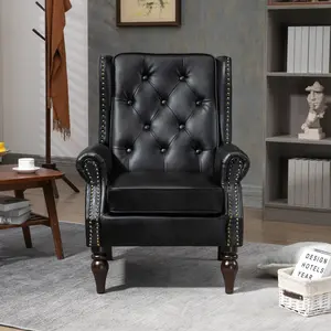 High Back Armchair Mid Century Modern Accent Chair Living Room, Living Room Chair PU Leather Barrel Chair with Buckle and Rivet Decor, Wood Frame Sofa Chair for Bedroom (Black)