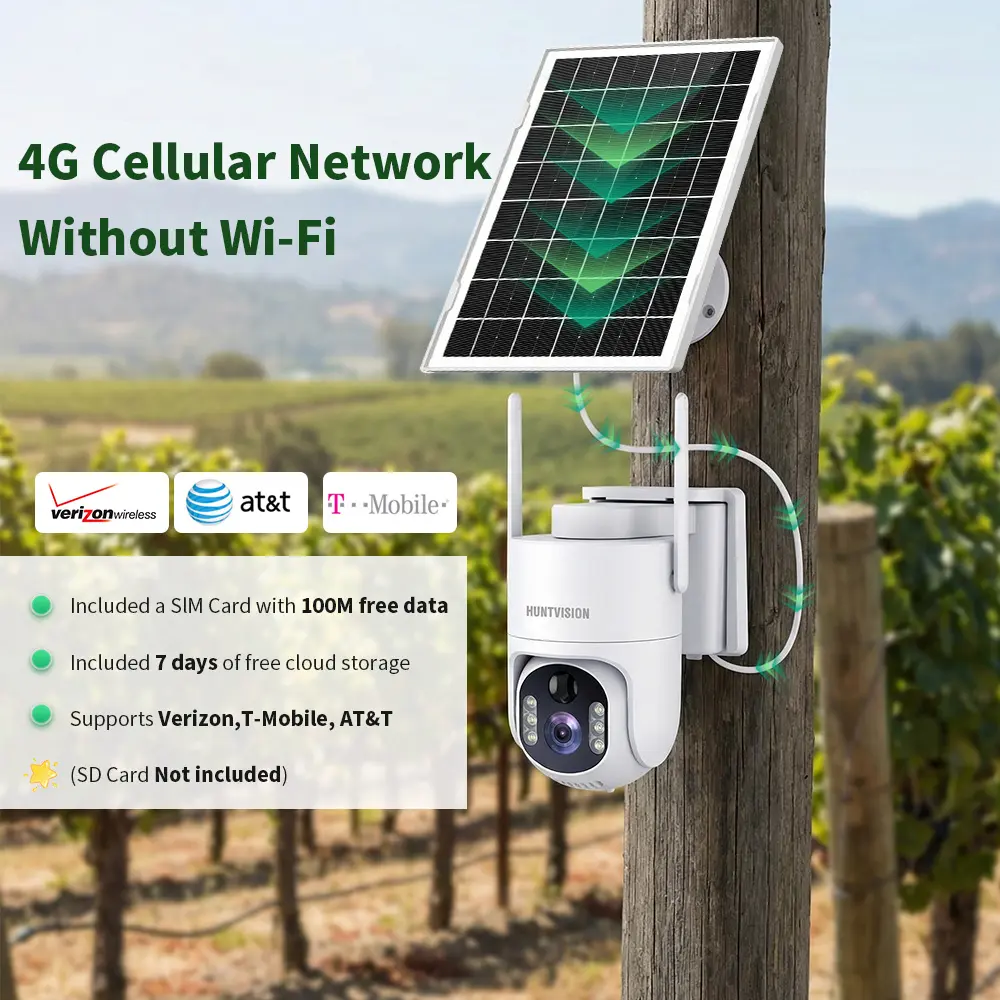 Huntvision Solar Wireless No WiFi Security Camera 4G LTE Outdoor SIM Card Required 2K HD 360 View AI Human Detection Full Color Night Vision Two Way Talk Battery Powered IP65 Waterproof