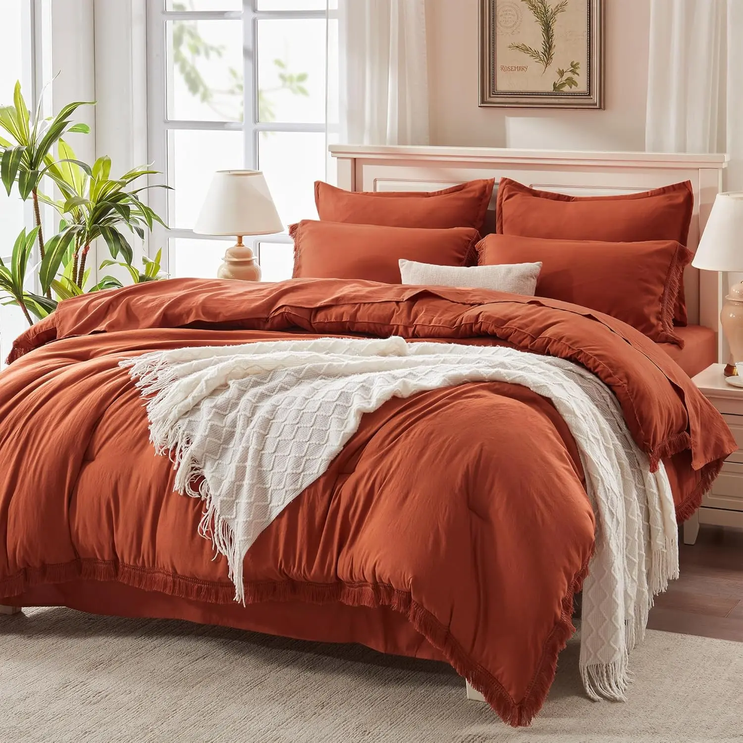 7-Piece King Size Bohemian Bedding Set - Durable All Seasons Solid Hue Burnt Orange Terracotta Rust Breathable Soft Handmade Tassel Comforter with Pillowcases and Shams, Seven Pieces