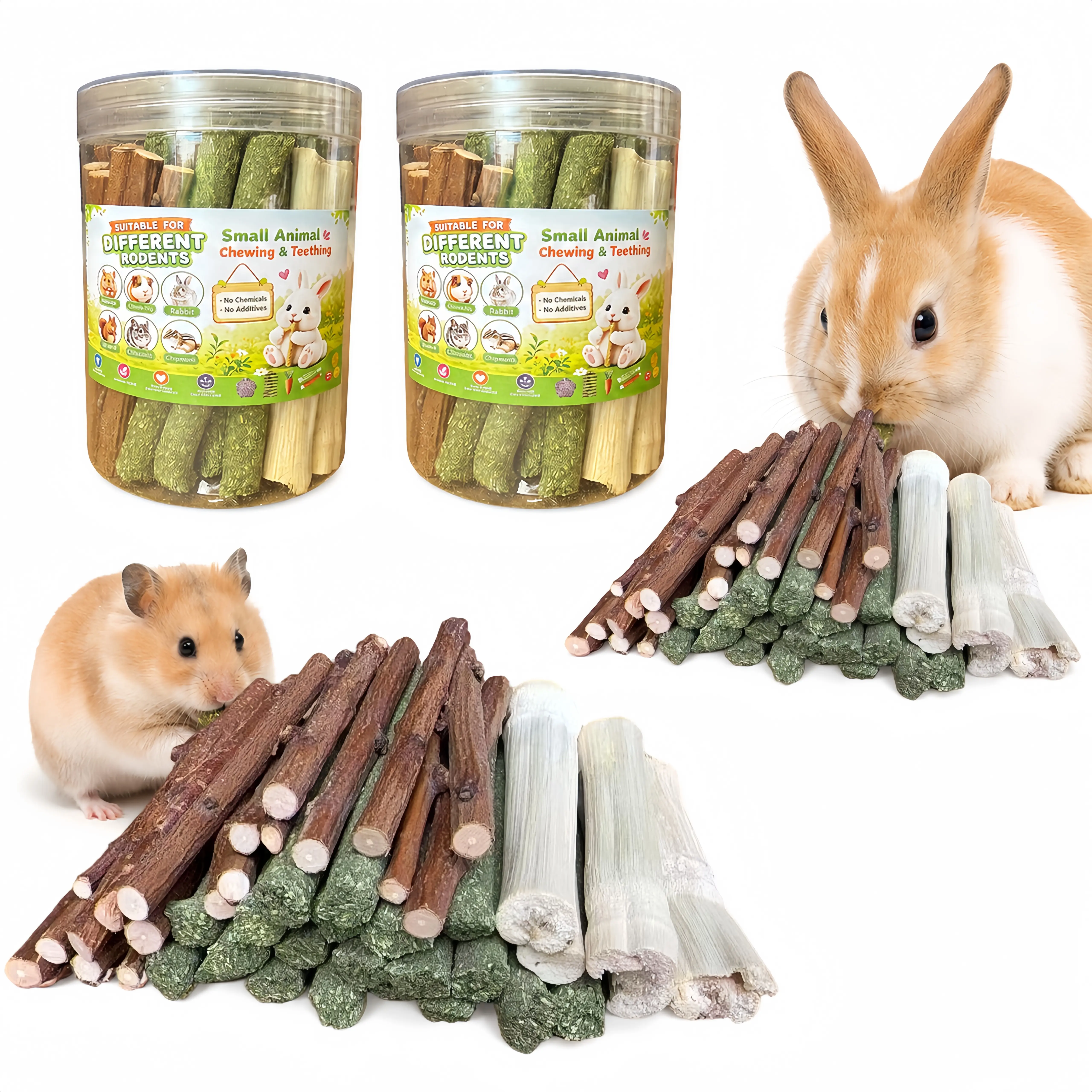90PCS  Natural Pet Chew Toys Set - 40 Timothy Hay Sticks 40 Apple Tree Branches 10 Sweet Bamboo, Safe Chewing Toys for Rabbit, Guinea Pig, Hamster, Chinchilla, Gerbil - Teeth Grinding