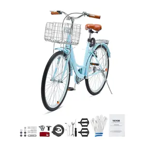 VEVOR 26-Inch 1-Speed Light Blue Front-Mounted Cruiser Bike with Basket, Ideal Father's Day Gift for Leisure Outdoor Cycling, Front-Mounted Cruiser Bikes