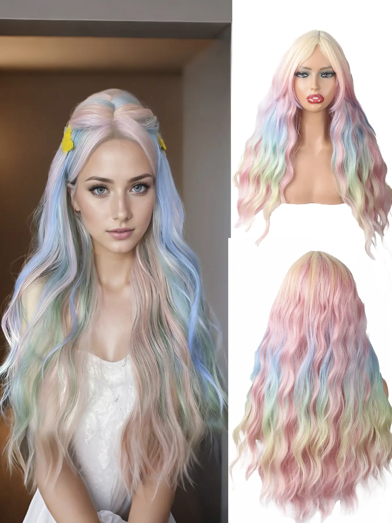 VOSILK Long Wavy Wigs with Bangs Rainbow Highlight Colorful Wavy Wigs Synthetic Heat Resistant Wigs for Daily Party Halloween Festival Uses 24inch