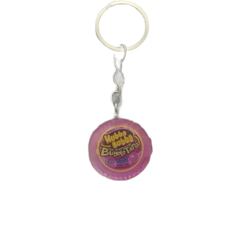 Hubba bubba Key Chain - Circular Design with Text & Logo, Features Purple and Yellow Colors, Includes Ring and Clip