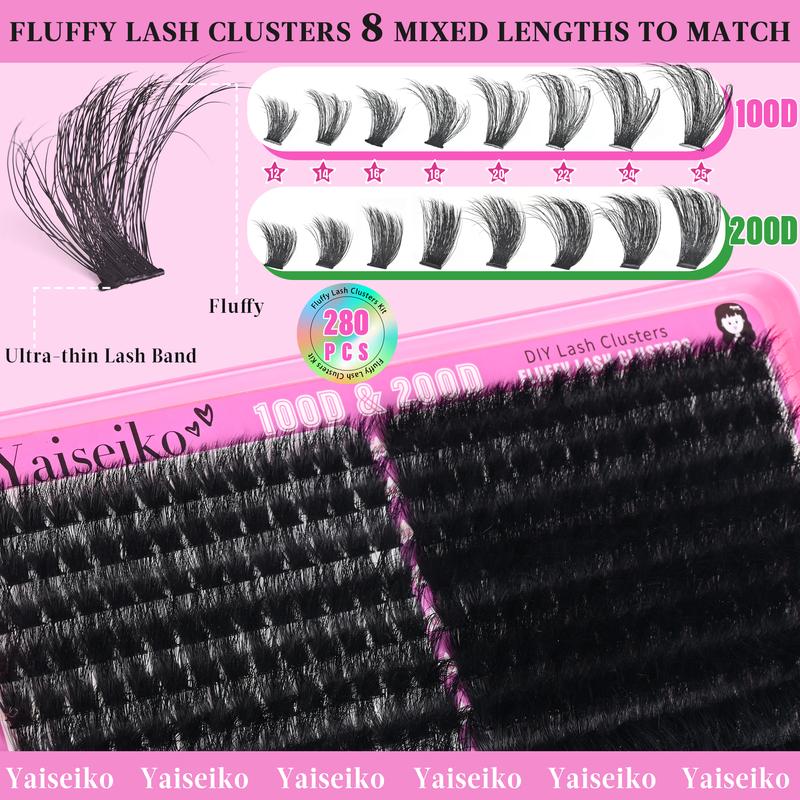 Lash Clusters 100D+200D Thick Eyelash Clusters 12-25mm Wispy Individual Mega Volume Lashes D C Cluster Eyelash Extensions 280Pcs DIY Lash Extension at Home, by Yaiseiko(Plant Fiber)