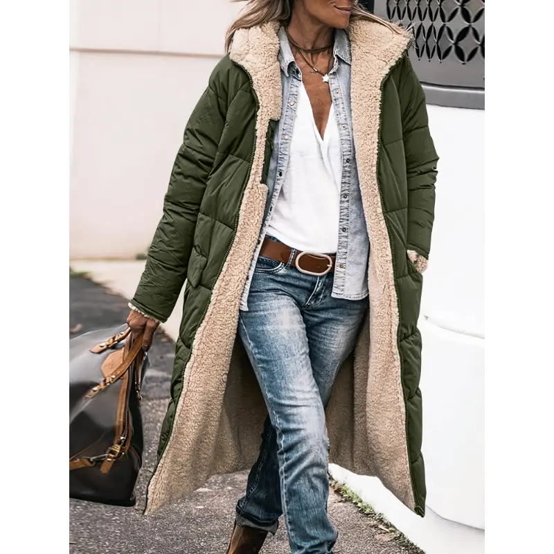 Women's Polyester Padded Winter Coat - Elegant Solid Color Knee-Length Puffer Jacket with Long Sleeves, Warm Fleece Lining, Regular Sleeve Design for Sports & Outdoor Activities, Longsleeves, Zipper, Fabric, Outerwear, Machine Washable, Woven