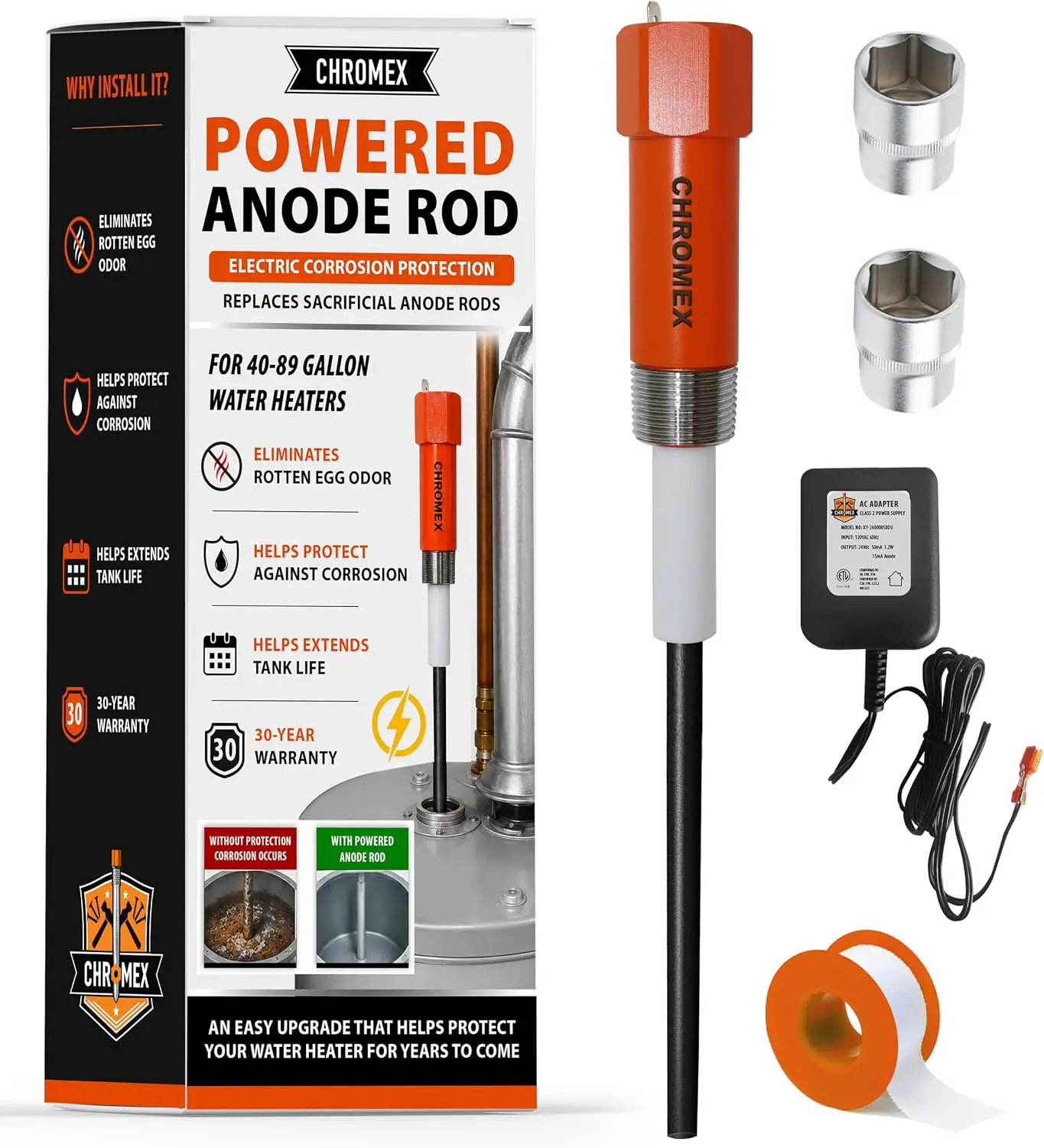 Powered Titanium Anode Rod, Electronic Replacement for 40-89 Gal Water Heaters, Corrosion Protection, 30-Year Warranty