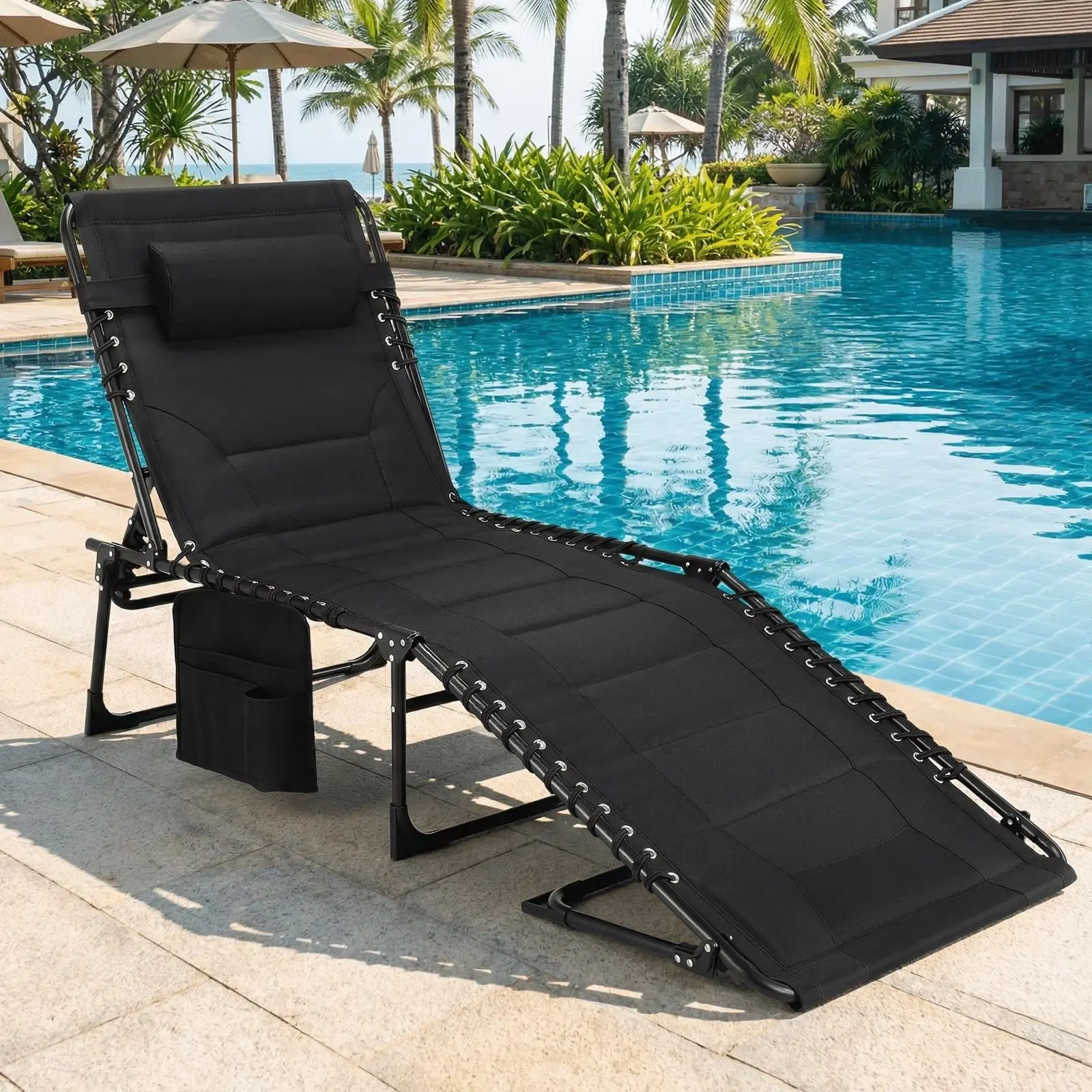 MAMIZO Padded Folding Lounge Chair, Portable Reclining Chair W/Pillow&Side Pocket, Outdoor 5-position Adjustable Chaise Lounger, Carrying Handle, High Beach Pool, Sunbathing Summer tanning patio set thicken cushion balcony garden tiktokshopsummersale