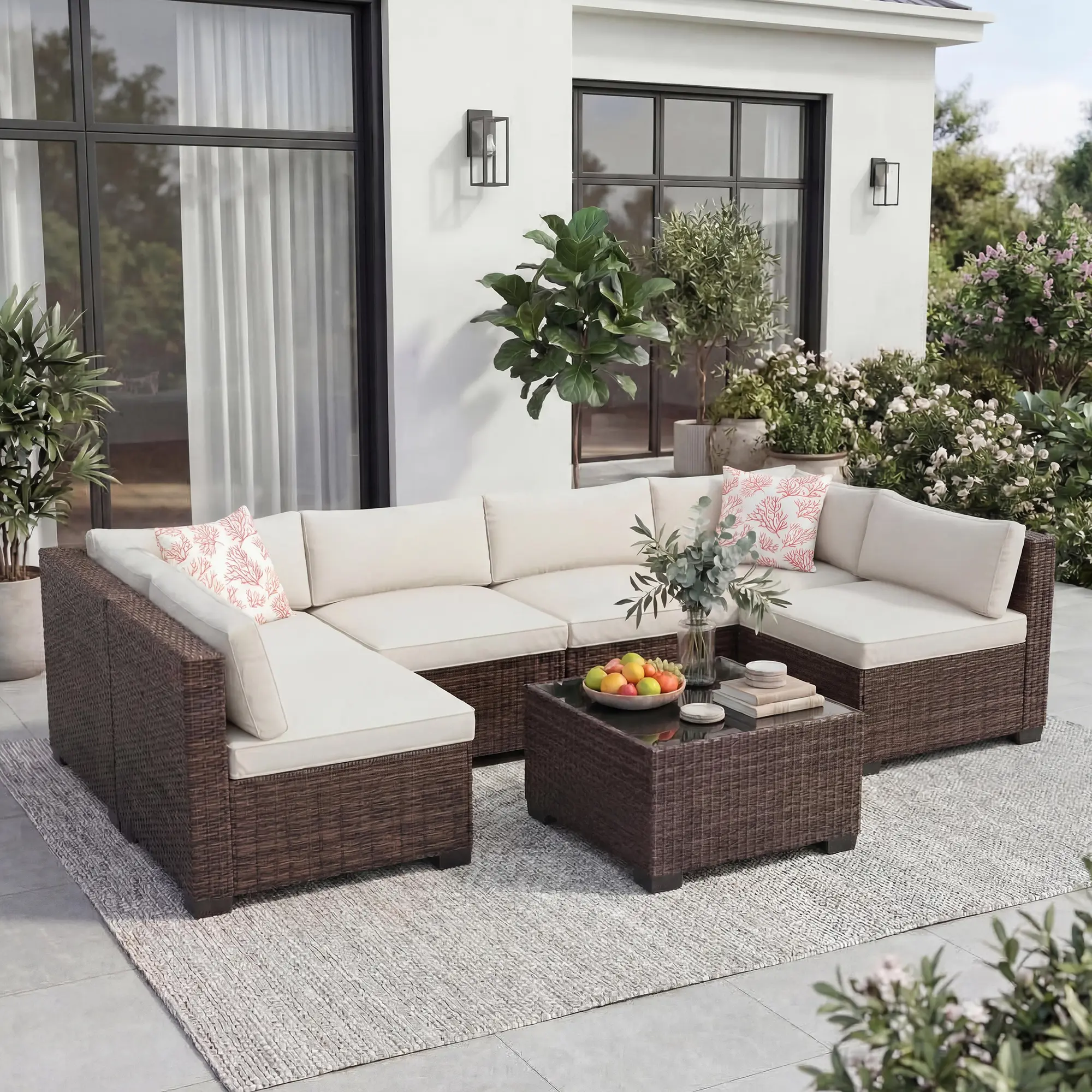 7-Piece Outdoor Furniture Sets - Neutral Patio Sofa Sectional Couch with All-Weather Wicker, Storage Coffee Table, Ottoman, Waterproof Anti-Slip Cushions for Backyard, Balcony Use (Includes Table)