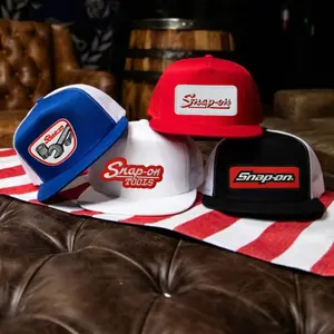 Snap-On Inspired Snapback Trucker Hat, Mechanic Tools Logo Patch Cap, Mesh Back Flat Bill Hat, Adjustable Unisex Garage Workwear Trucker Cap, Red White Blue Black Options