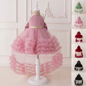 3-8Y Sequins Pink Trailing 2325 Bow Kids Clothes Flower Girls Frock Ball Gown Pageant Children Elegant Princess Prom Host Formal Evening Party Banquet Cocktail Dress