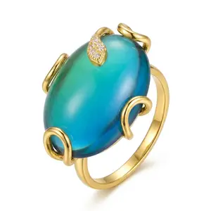 Adjustable 18K Gold Plated Mystic Snake Mood Ring, Large 28x20mm Color Change Emotion Sensing Stone, Temperature Sensitive Crystal Serpent Statement Ring, Hypoallergenic Jewelry Gift for Women, Unique Fashion Aesthetic