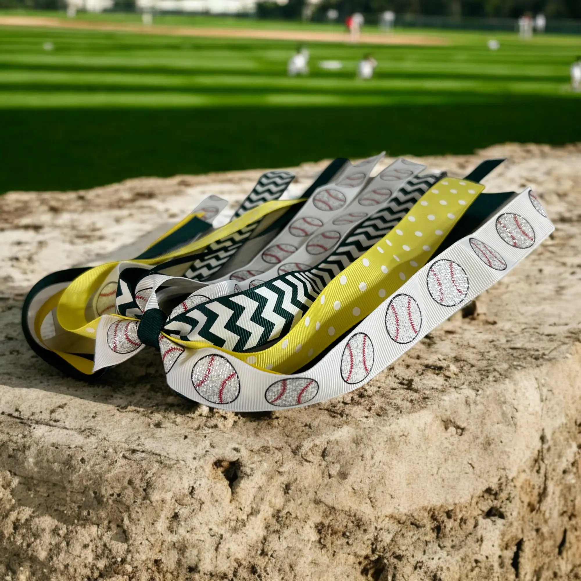 Forest Green & Yellow Baseball Hair Bow with Glitter Sport Ribbon for Ponytail Elastic Tie