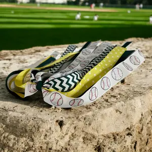 Forest Green & Yellow Baseball Hair Bow with Glitter Sport Ribbon for Ponytail Elastic Tie