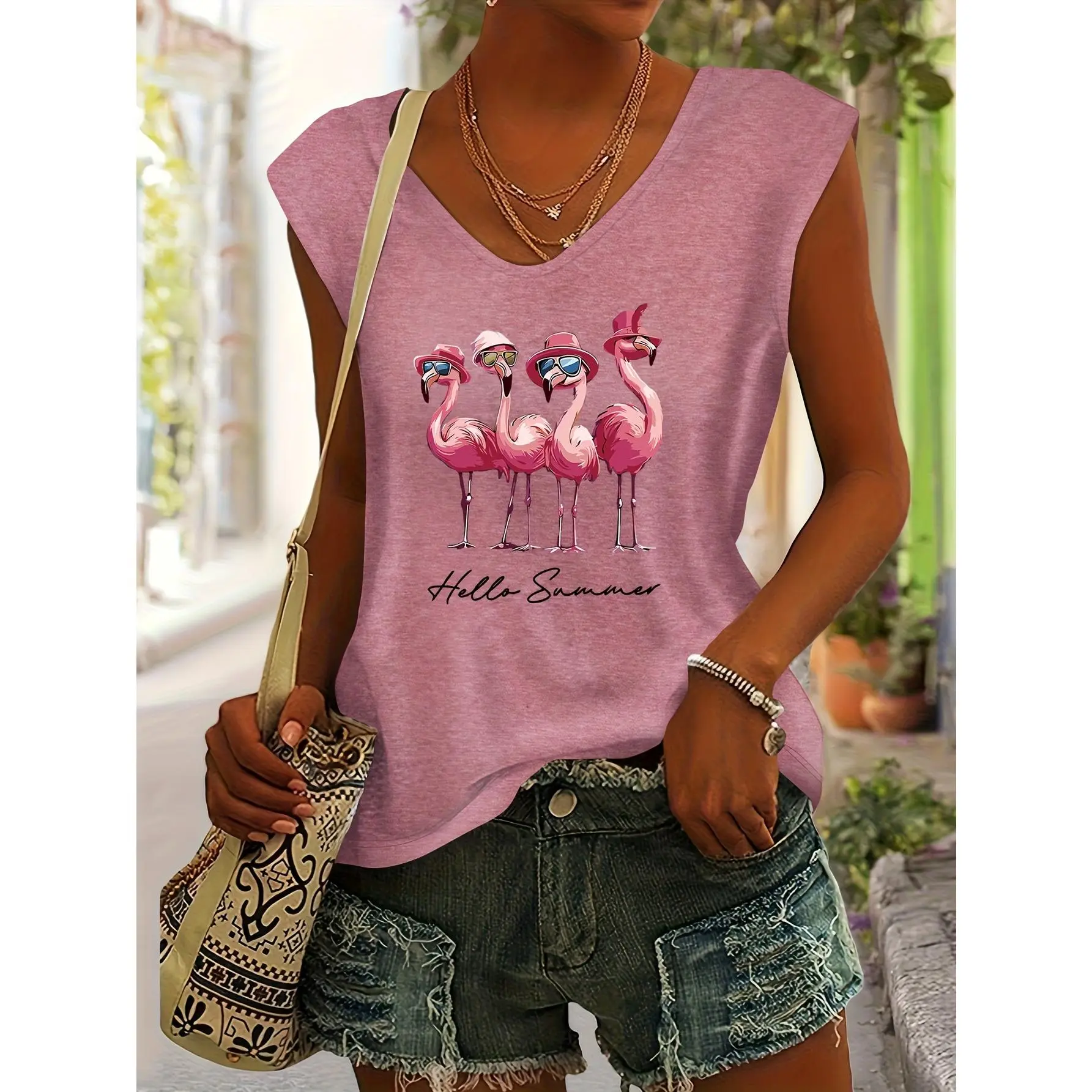 Women's Fitted V-Neck Short Sleeve Casual Style T-Shirt Tops, Flamingo Printed Front, Soft Blend Polyester Cotton Fabric, Lightweight Clothes, Easy to Pair for Summer Vacation & Daily Wear, Do Not Bleach