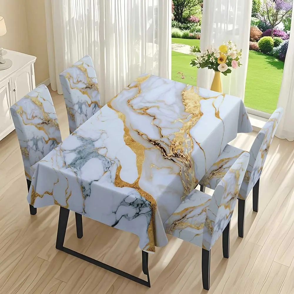 5/7 Counts Luxury 2D Flat White-and-Gold Marble Texture Tablecloth and Chair Cover Set, Stretch Washable Removable Parson Chair Slipcovers, Modern Elegant Decorative Chair Cover Protector for Home, Dining & Wedding Banquet, Chair Covers for Dining Chairs