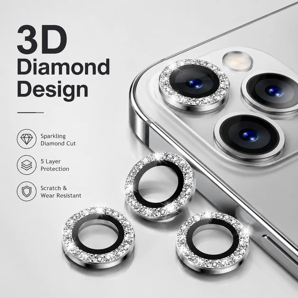 Bling Aluminum Diamond Tempered Glass Camera Cover for iPhone 17/16 Pro Max,17 AIR/16 PRO/15/14/13/12/11 (ip17), Protective Screen Protector Accessory with Scratch-Resistant, Wear-Resistant, Stylish Design & No Night Photography Interference, Smartphone,