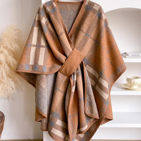 Women's Fashion Plaid Fringe Trim Shawl for Dress, Soft Woven Fabric, Warm Fall & Winter Accessory, Stylish Print Fringe Detail Wrap, Perfect Holiday Gift