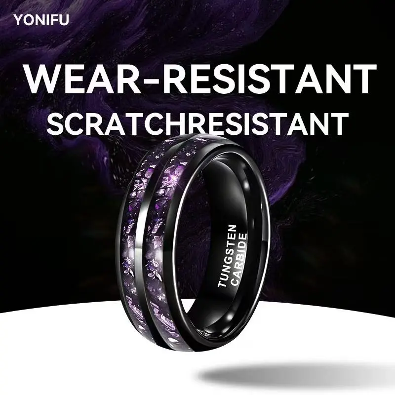 Yonifu 8MM Tungsten Tarnish Resistant Ring for Men, Full Polish Wedding Band with Dual-Slot Purple Glass Stone for Everyday Wear, Everyday Wear Rings, Male Wedding Bands, Tungsten Rings
